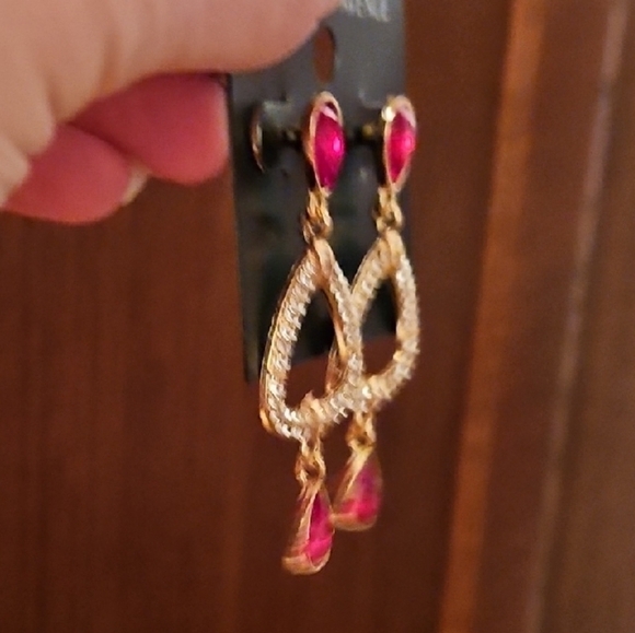 Saks Fifth Avenue Red, Gold, And Rhinestone Dangle Earrings, NWT - Picture 3 of 3